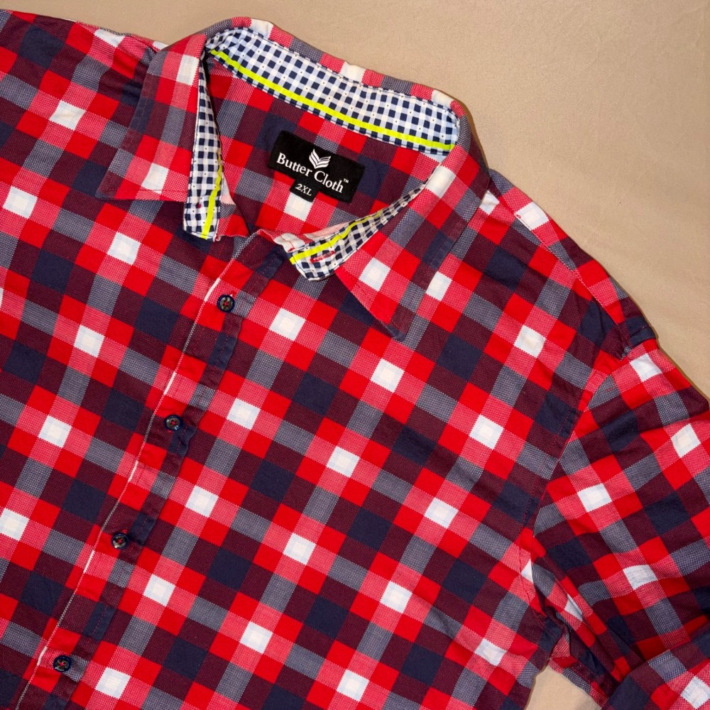 Butter Cloth Mens 2XL Red Navy Plaid 100% Cotton Button Down Shirt Long Sleeve